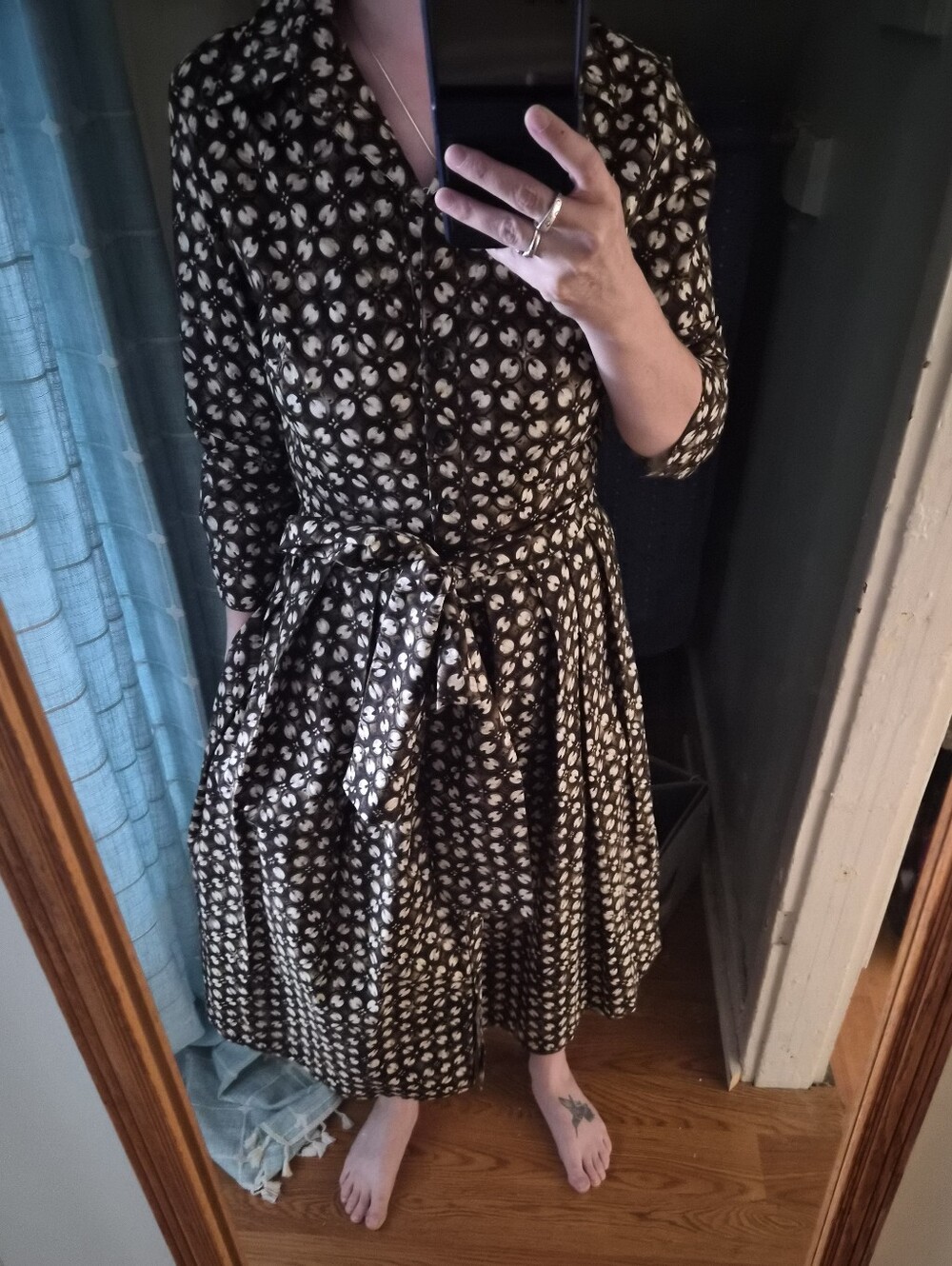 SAMANTHA SUNG Audrey #1 Batik Dot Sepia Floral Midi Shirt Dress